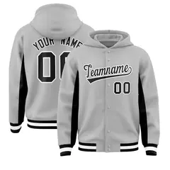 Gray Black Color Block Full-Snap Varsity Letterman Jacket Hoodie