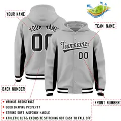 Gray Black Color Block Full-Snap Varsity Letterman Jacket Hoodie 4