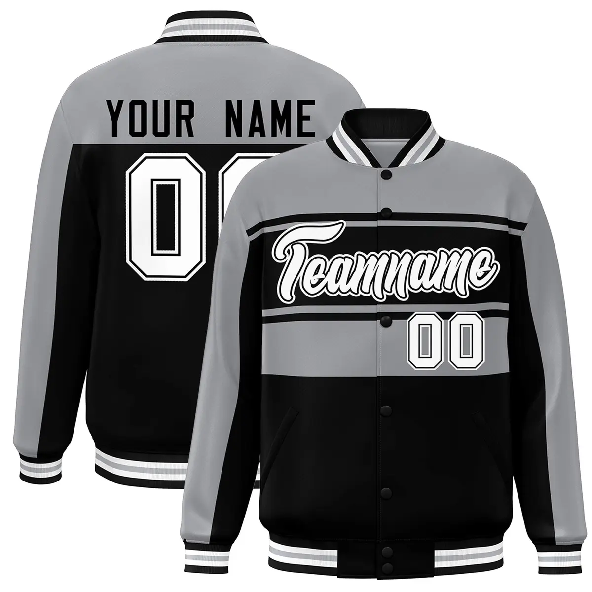Gray Black Color Block Varsity Full-Snap Bomber Jacket