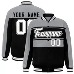 Gray Black Color Block Varsity Full-Snap Bomber Jacket