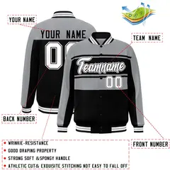 Gray Black Color Block Varsity Full-Snap Bomber Jacket 2