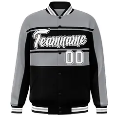 Gray Black Color Block Varsity Full-Snap Bomber Jacket 3