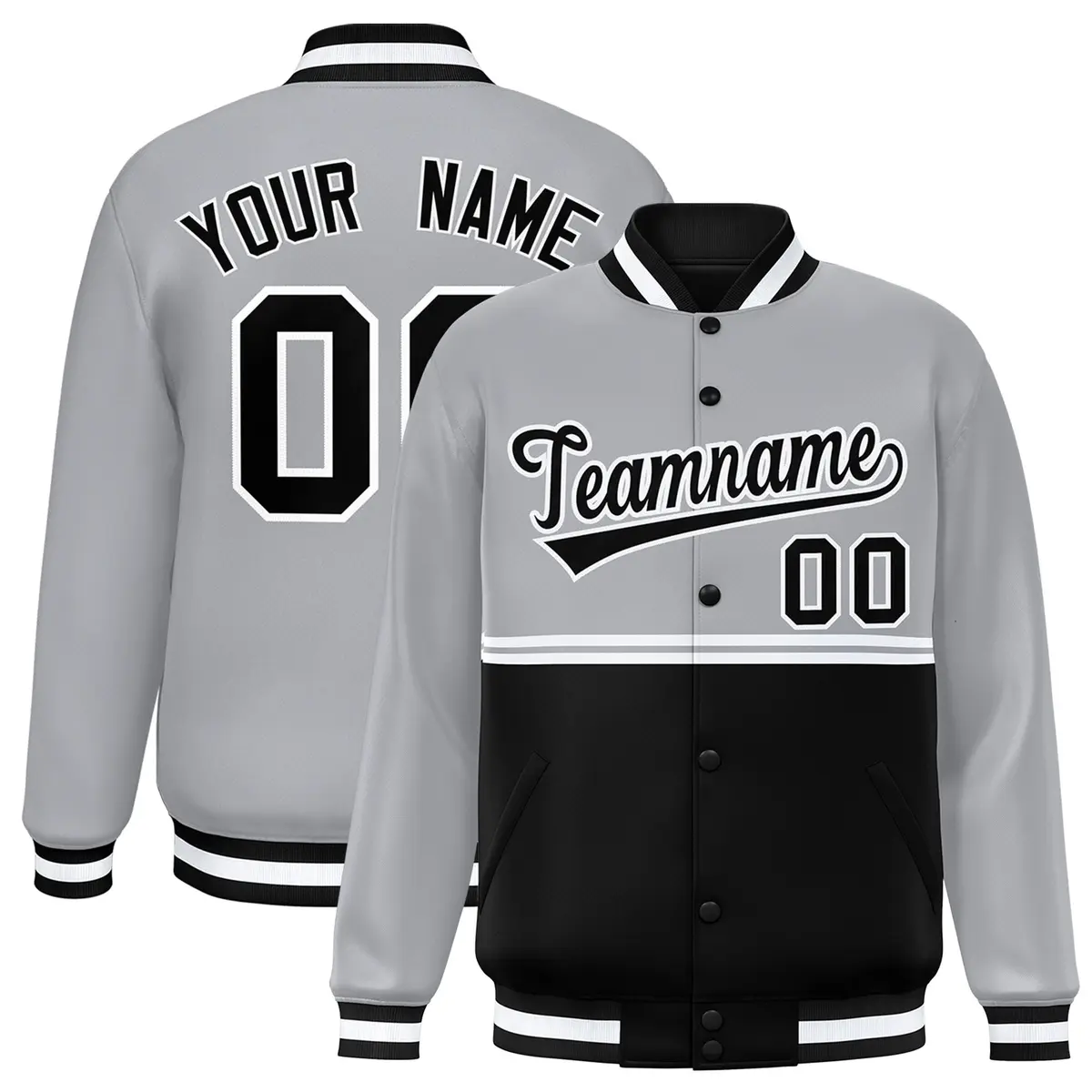Gray Black Color Block Varsity Full-Snap Letterman Jacket