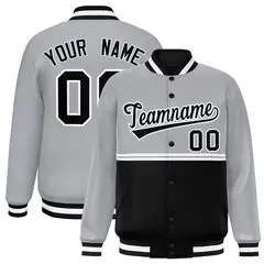 Gray Black Color Block Varsity Full-Snap Letterman Jacket