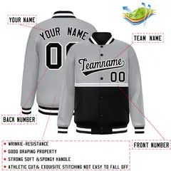 Gray Black Color Block Varsity Full-Snap Letterman Jacket 2