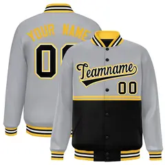 Gray Black Color Block Varsity Full-Snap Letterman Jacket