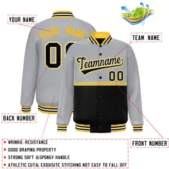 Gray Black Color Block Varsity Full-Snap Letterman Jacket 2