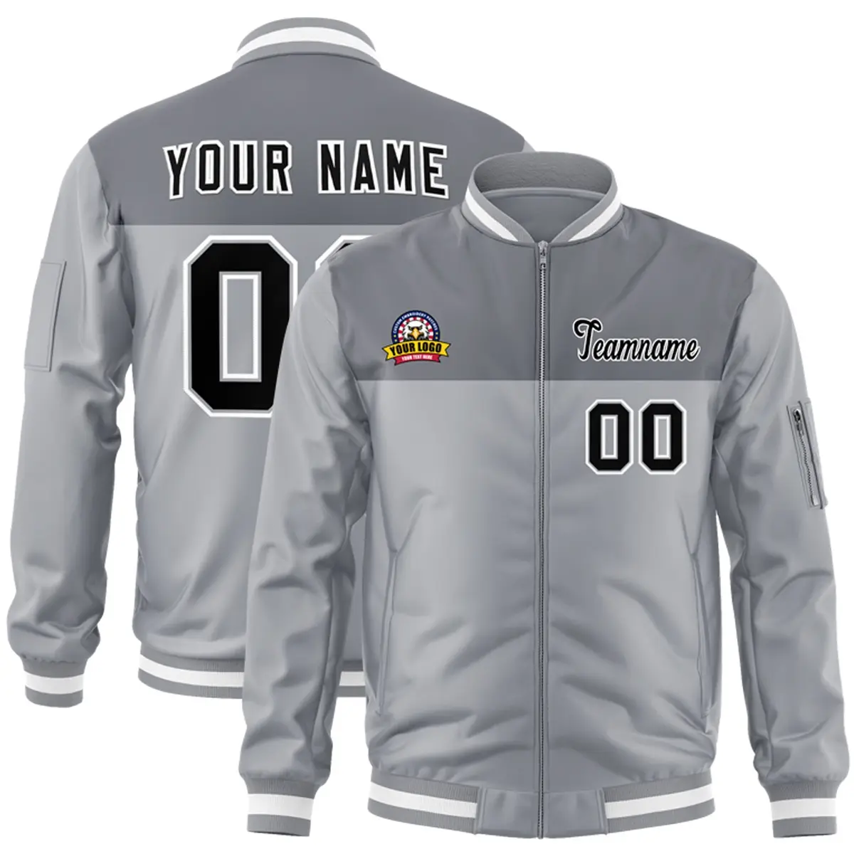 Gray Black Color Block Varsity Full-Zip Letterman Bomber Jacket