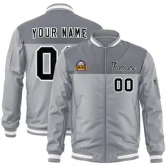 Gray Black Color Block Varsity Full-Zip Letterman Bomber Jacket