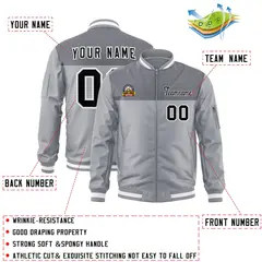 Gray Black Color Block Varsity Full-Zip Letterman Bomber Jacket 2