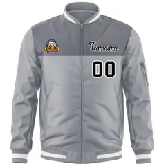 Gray Black Color Block Varsity Full-Zip Letterman Bomber Jacket 3