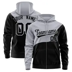 Gray Black Color Block Wave Varsity Full-Zip Letterman Jacket Hoodie