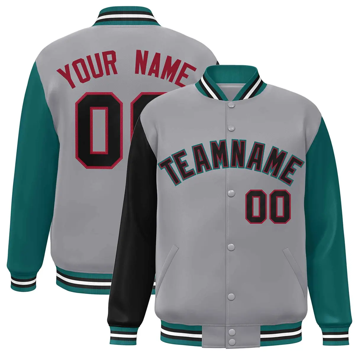 Gray Black-Crimson Raglan Varsity Full-Snap Letterman Jacket