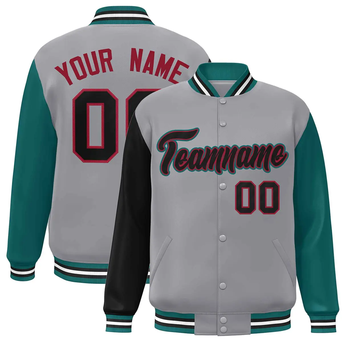Gray Black-Crimson Raglan Varsity Full-Snap Letterman Jacket