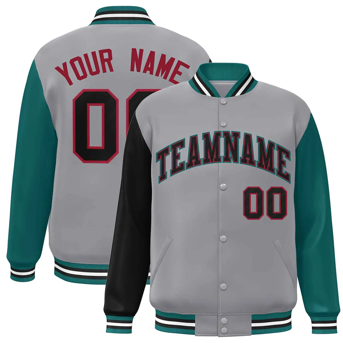 Gray Black-Crimson Raglan Varsity Full-Snap Letterman Jacket