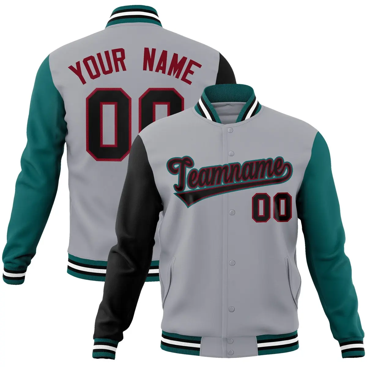 Gray Black-Crimson Raglan Varsity Full-Snap Letterman Jacket