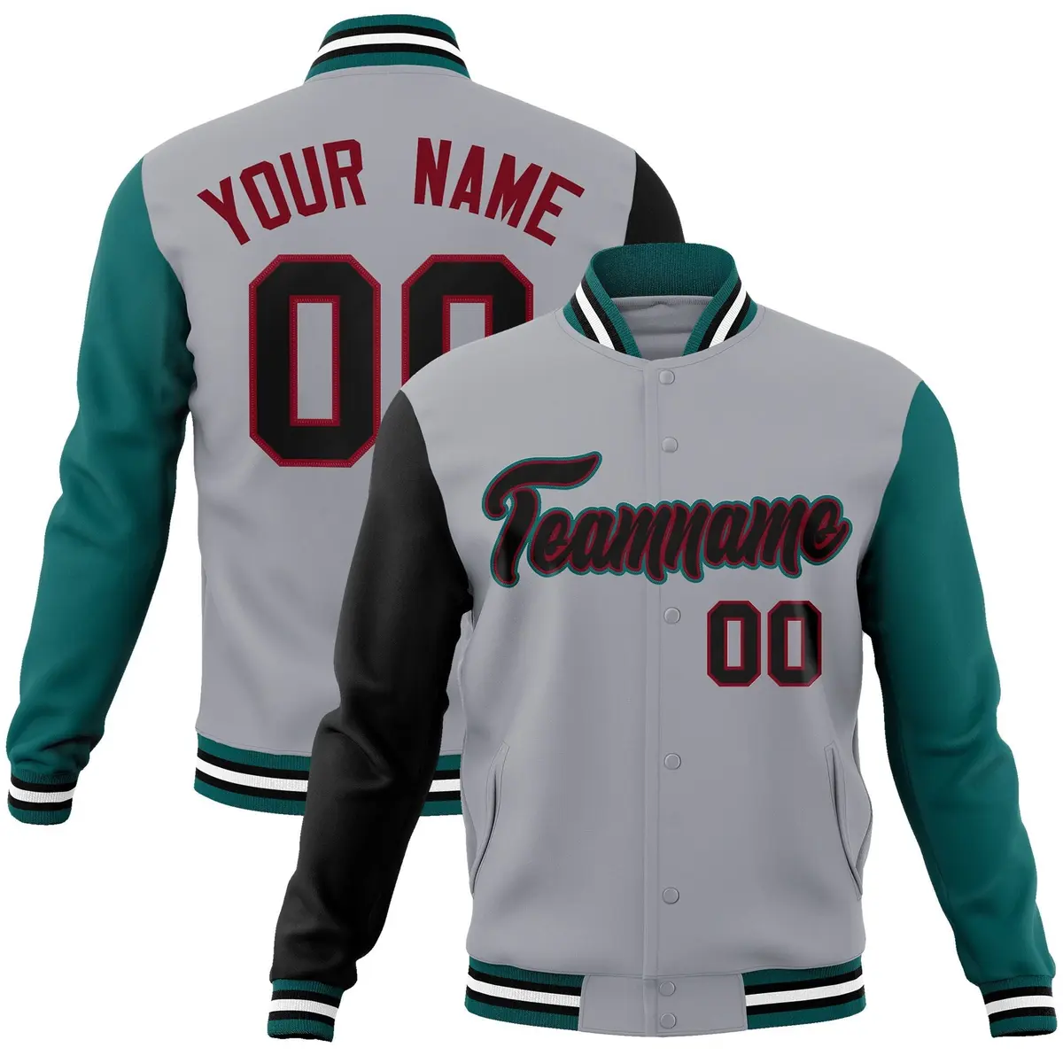 Gray Black-Crimson Raglan Varsity Full-Snap Letterman Jacket