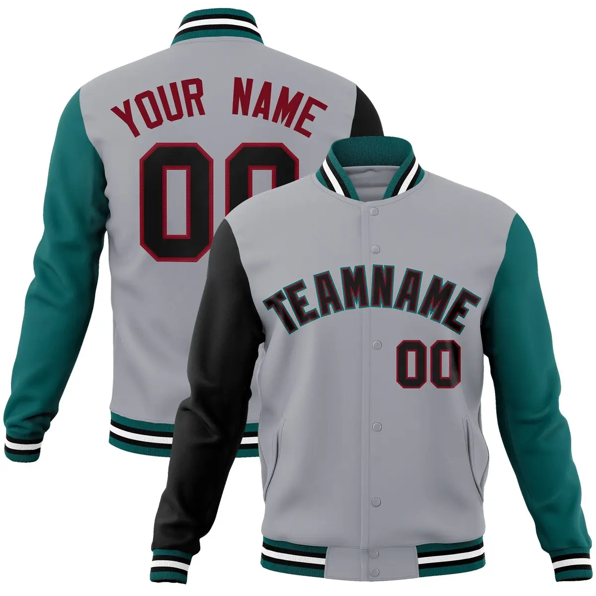 Gray Black-Crimson Raglan Varsity Full-Snap Letterman Jacket