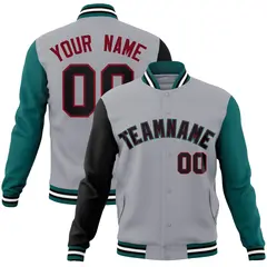 Gray Black-Crimson Raglan Varsity Full-Snap Letterman Jacket