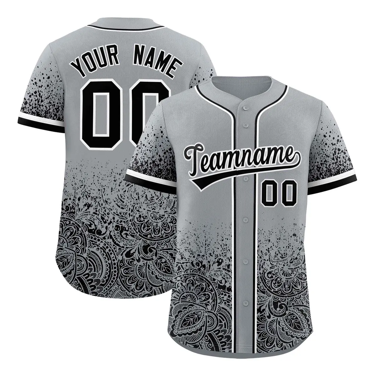 Gray Black Floral Gradient Full Button Baseball Jersey