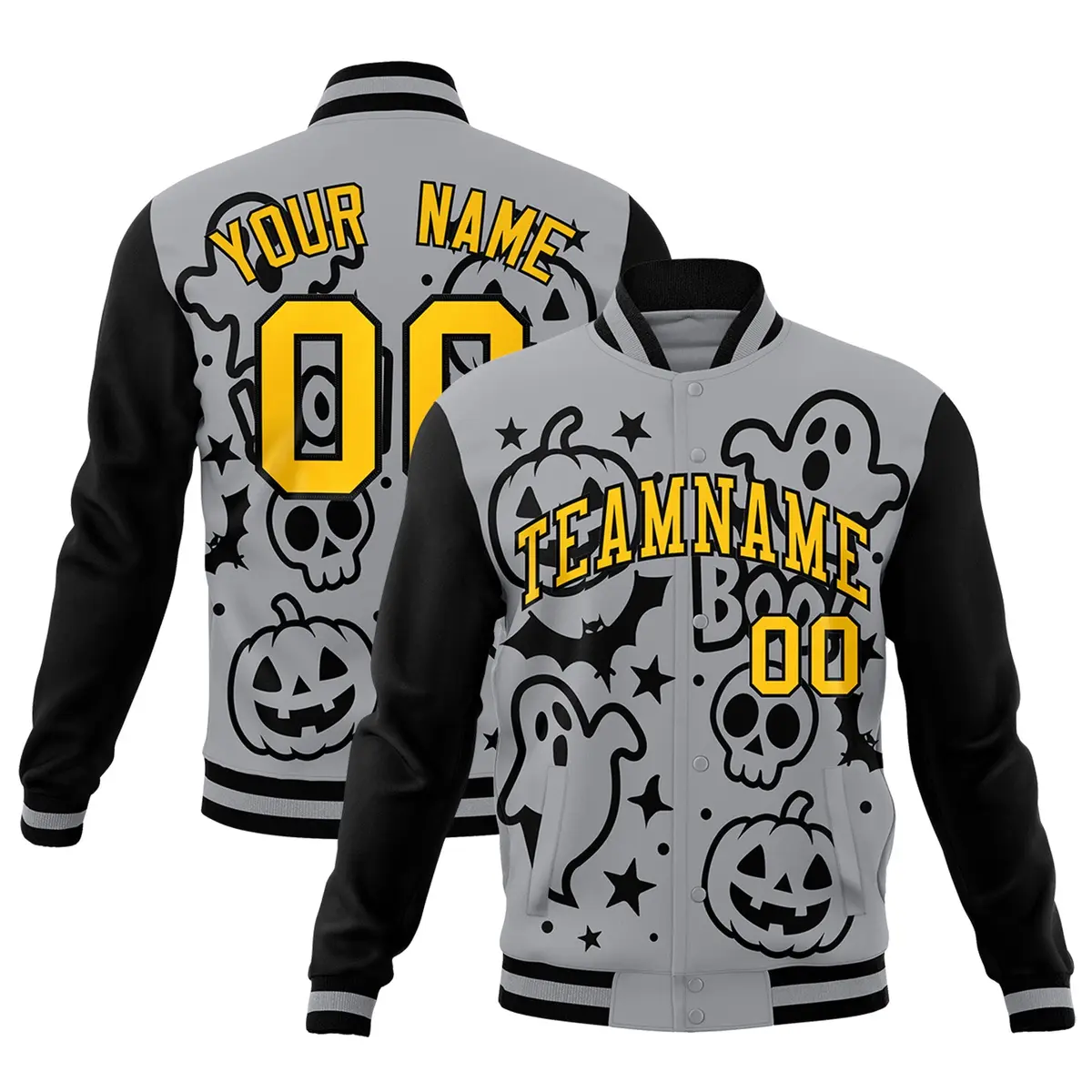 Gray Black Gold Halloween Bats Pumpkins Ghost Letterman Jacket