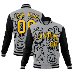Gray Black Gold Halloween Bats Pumpkins Ghost Letterman Jacket
