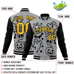 Gray Black Gold Halloween Bats Pumpkins Ghost Letterman Jacket 2
