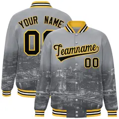 Gray Black-Gold Pittsburgh City Skyline Varsity Full-Snap Track Jacket