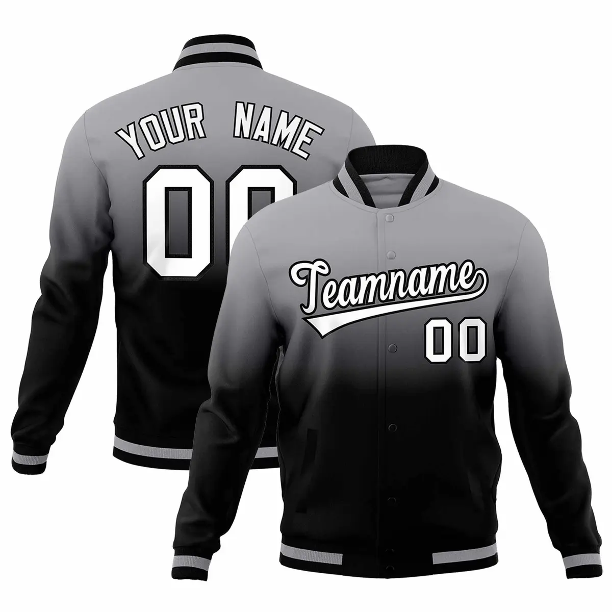 Gray Black Gradient Full-Snap Varsity Letterman Jacket