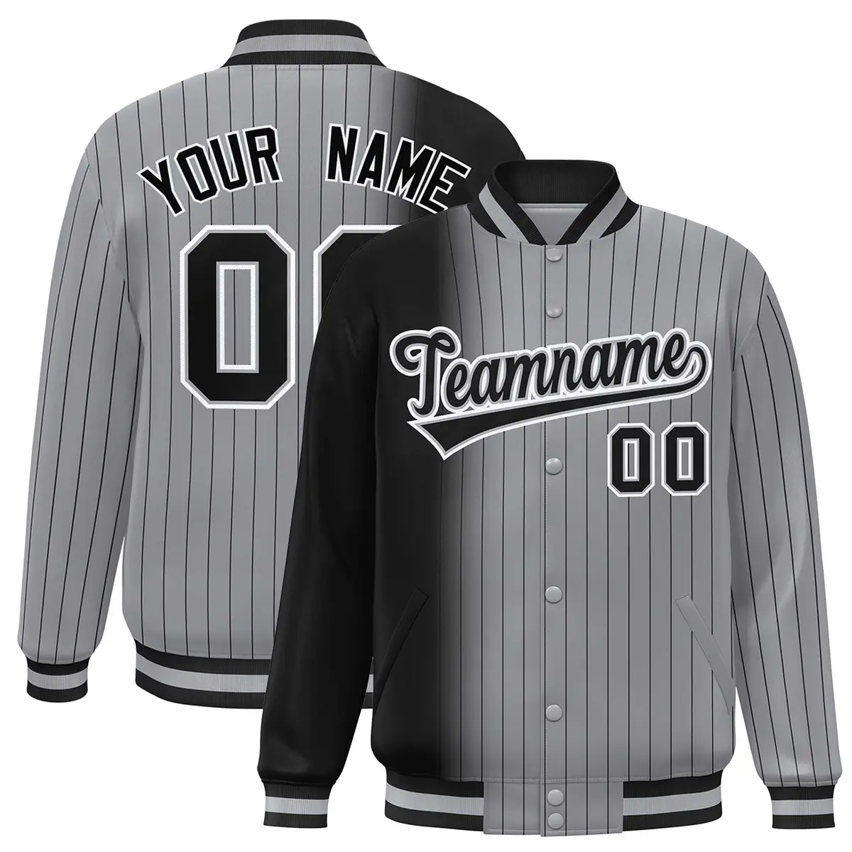 Gray Black Gradient Pinstripe Full-Snap Letterman Jacket