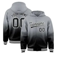 Gray Black Gradient Varsity Full-Snap Letterman Jacket Hoodie