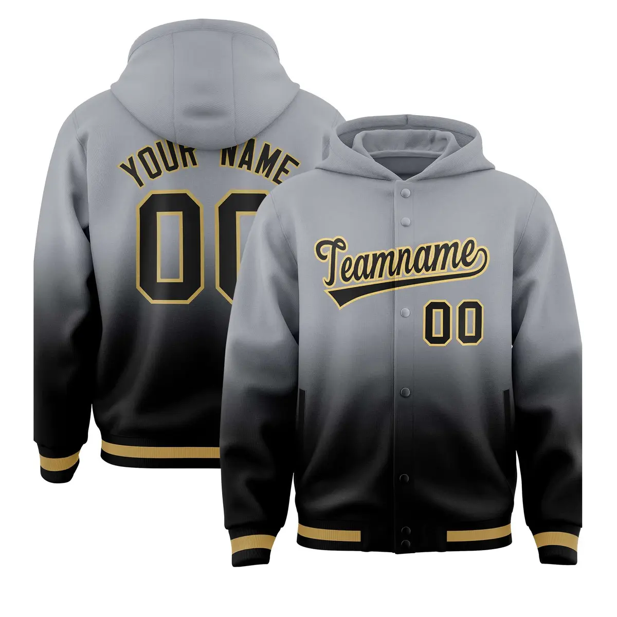 Gray Black Gradient Varsity Full-Snap Letterman Jacket Hoodie