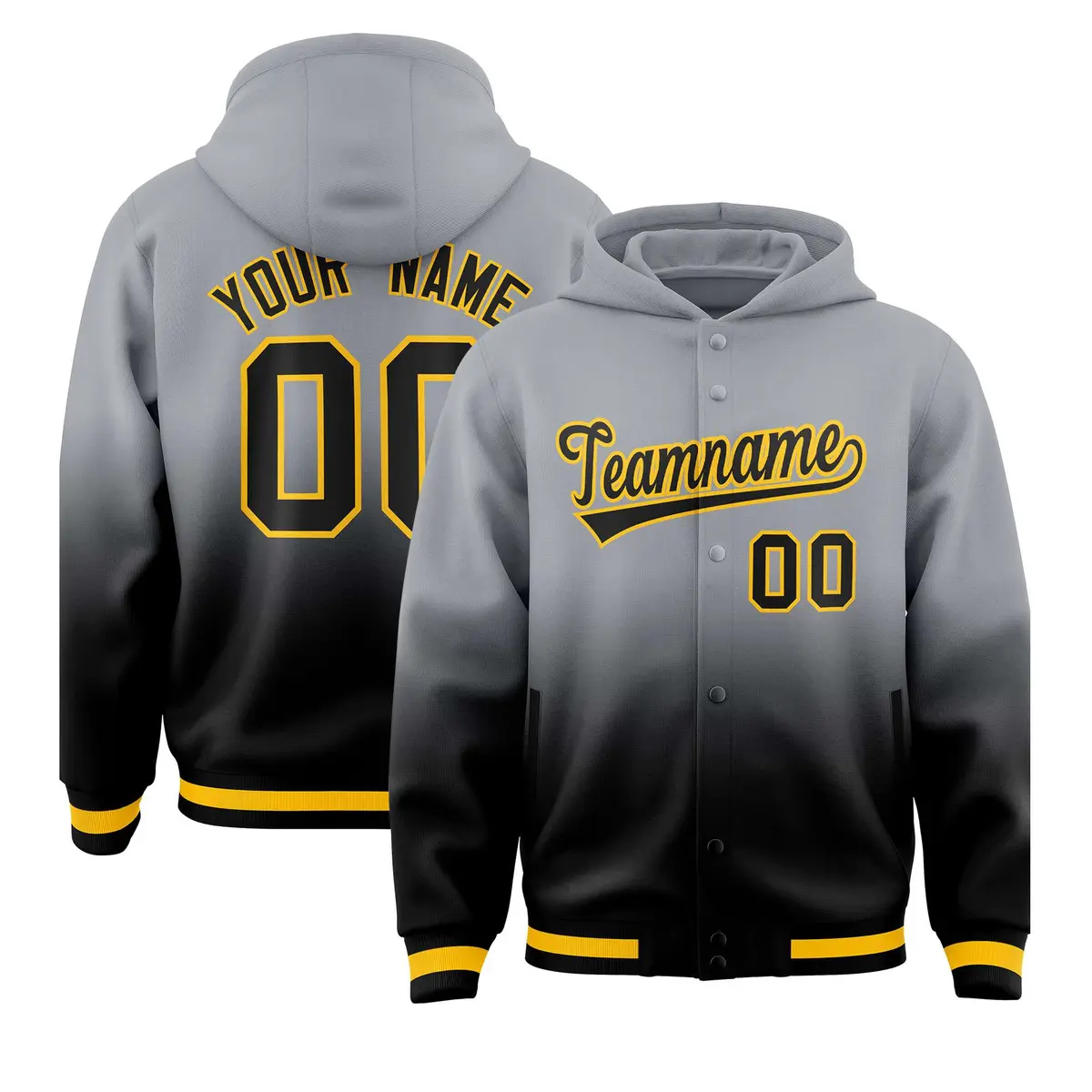 Gray Black Gradient Varsity Full-Snap Letterman Jacket Hoodie