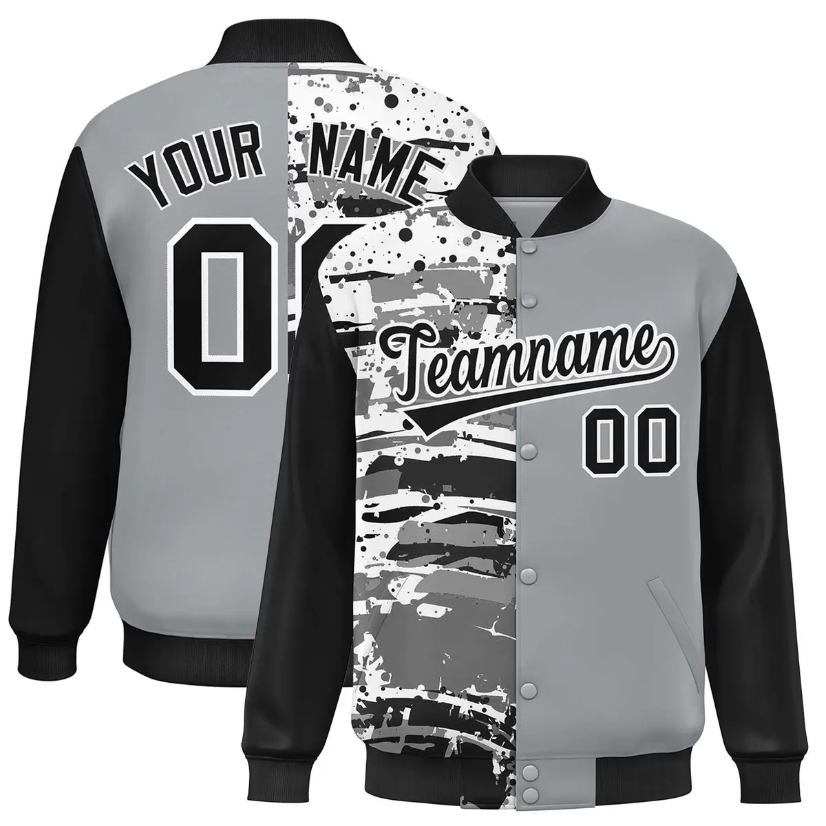 Gray Black Graffiti Pattern Varsity Full-Snap Letterman Baseball Jacket