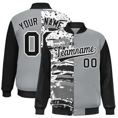 Gray Black Graffiti Pattern Varsity Full-Snap Letterman Baseball Jacket 1