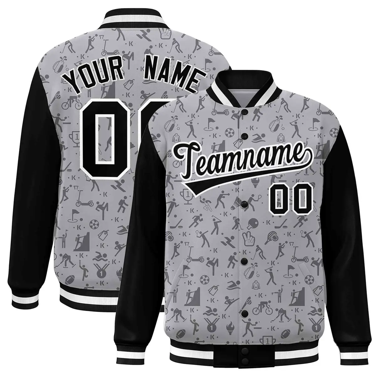 Gray Black Graffiti Pattern Varsity Raglan Letterman Jacket