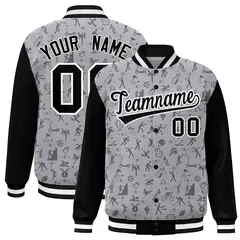 Gray Black Graffiti Pattern Varsity Raglan Letterman Jacket