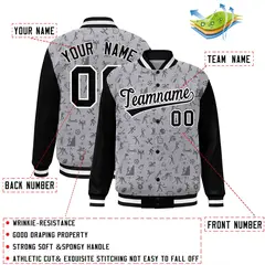 Gray Black Graffiti Pattern Varsity Raglan Letterman Jacket 2