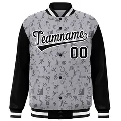 Gray Black Graffiti Pattern Varsity Raglan Letterman Jacket 3