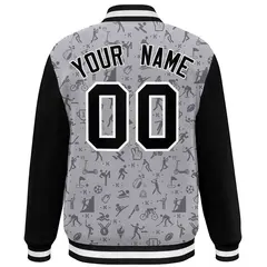 Gray Black Graffiti Pattern Varsity Raglan Letterman Jacket 4