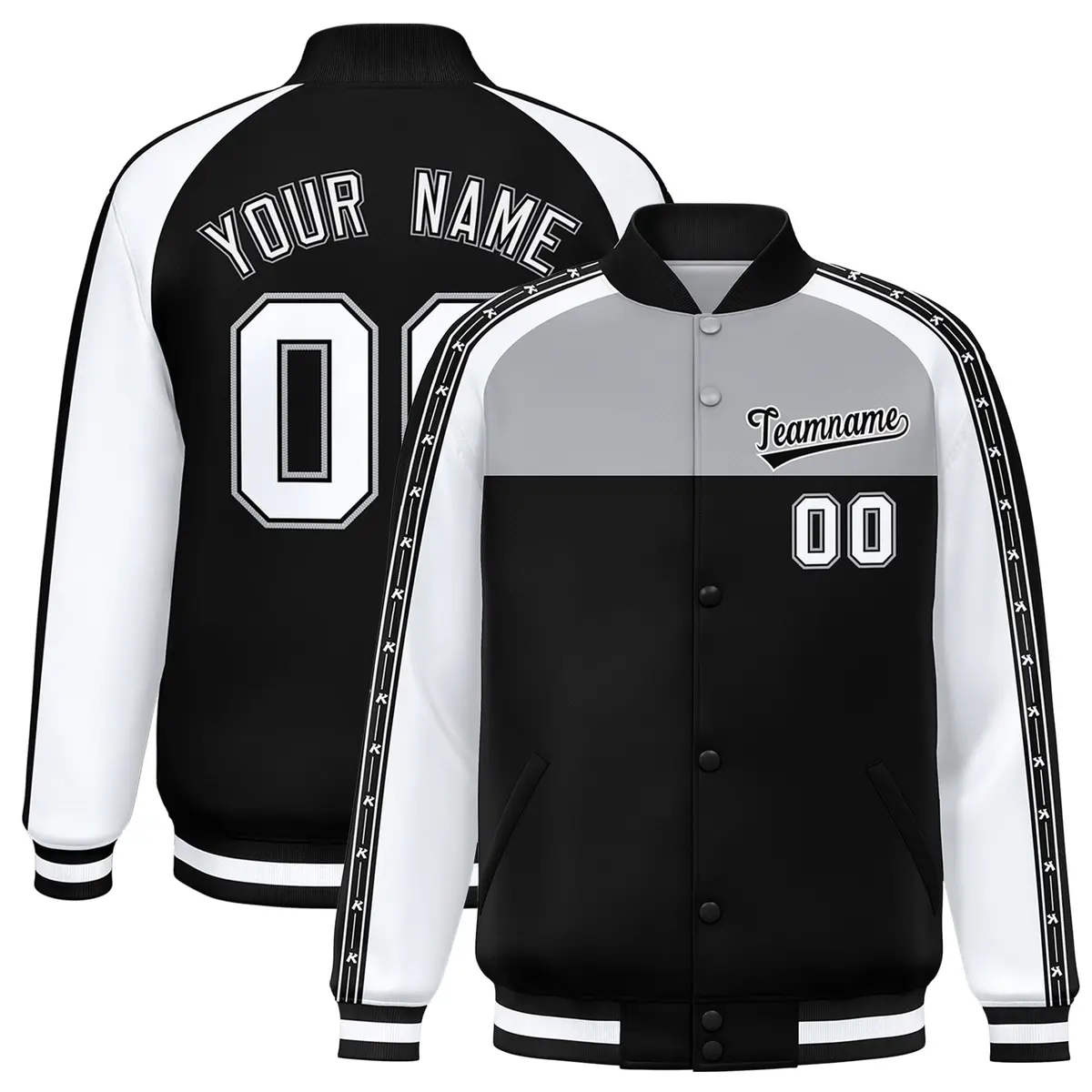 Gray Black K-Ribbon Raglan Full-Snap Color Block Letterman Jacket