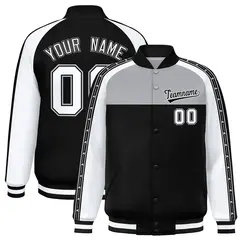 Gray Black K-Ribbon Raglan Full-Snap Color Block Letterman Jacket 1