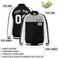 Gray Black K-Ribbon Raglan Full-Snap Color Block Letterman Jacket 2