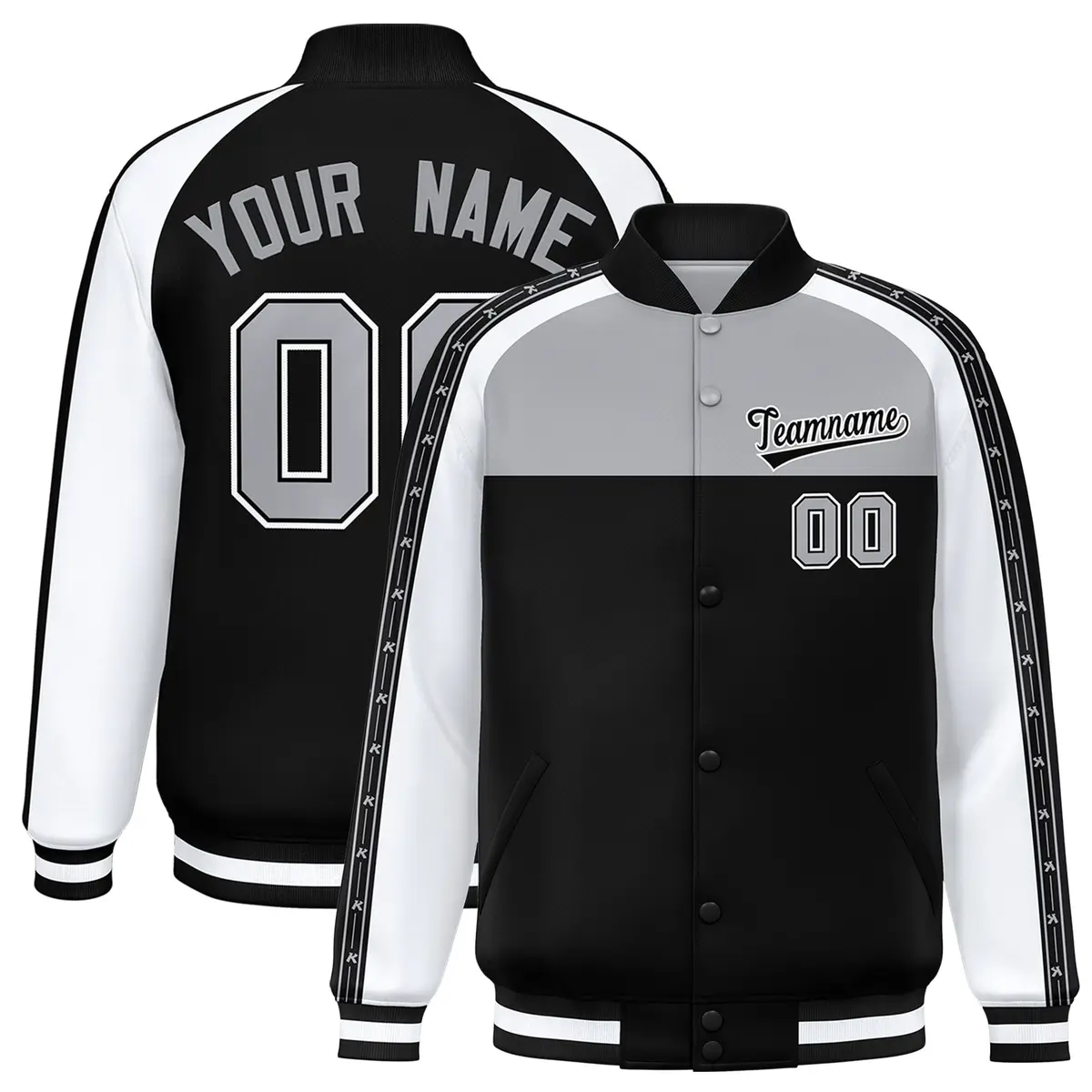 Gray Black K-Ribbon Raglan Full-Snap Color Block Letterman Jacket
