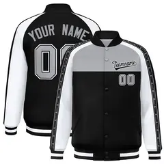 Gray Black K-Ribbon Raglan Full-Snap Color Block Letterman Jacket 1