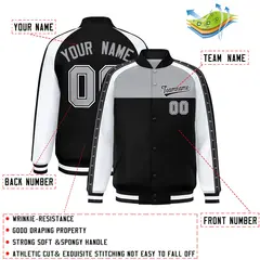 Gray Black K-Ribbon Raglan Full-Snap Color Block Letterman Jacket 2