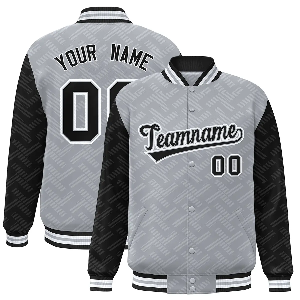 Gray Black L Pattern Varsity Raglan Full-Snap Letterman Baseball Jacket