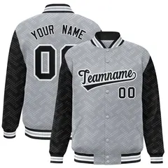 Gray Black L Pattern Varsity Raglan Full-Snap Letterman Baseball Jacket 1