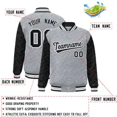 Gray Black L Pattern Varsity Raglan Full-Snap Letterman Baseball Jacket 2