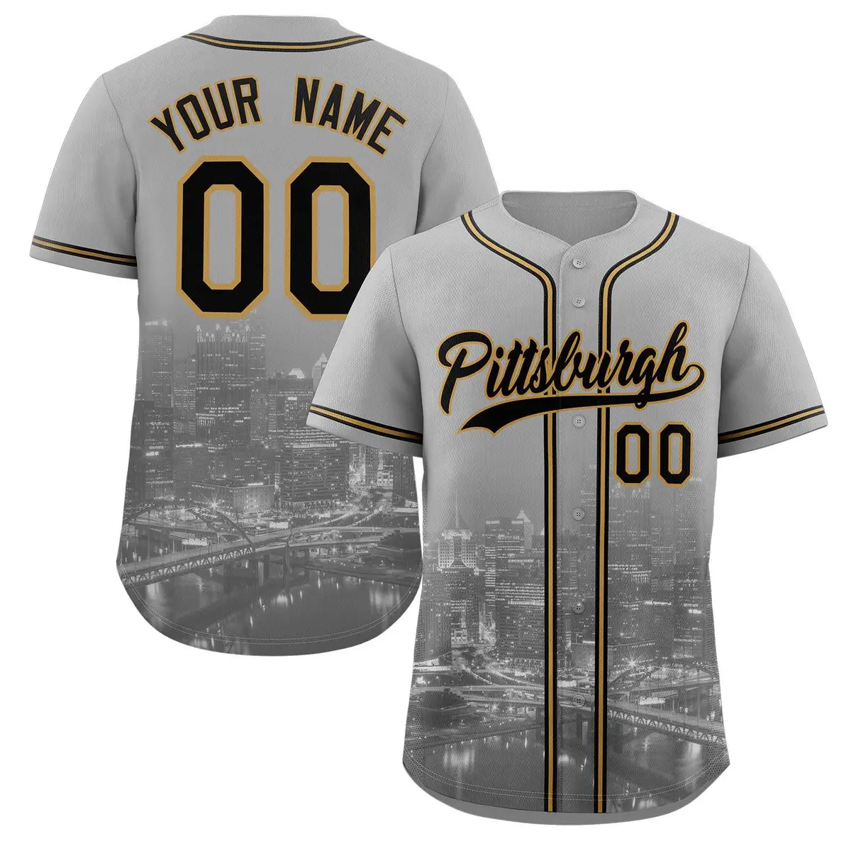 Gray Black-Old Gold Pittsburgh City Skyline Baseball Jersey